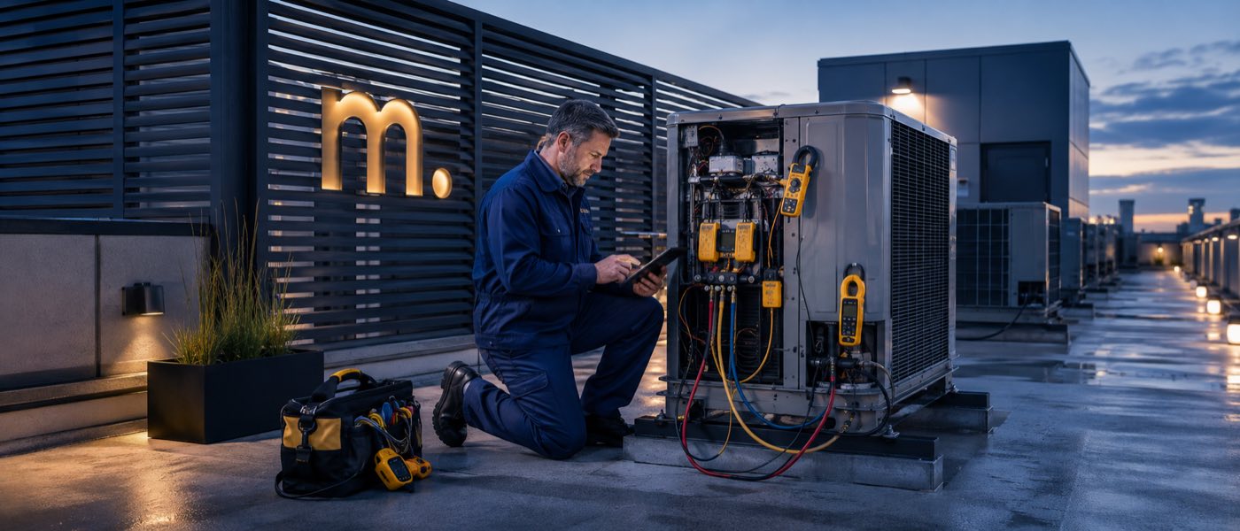 Field technician using the Fieldpiece Job Link System at an HVAC unit