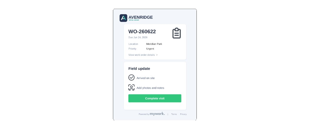 Mobile field update screen for work order WO-260622 with Complete visit action