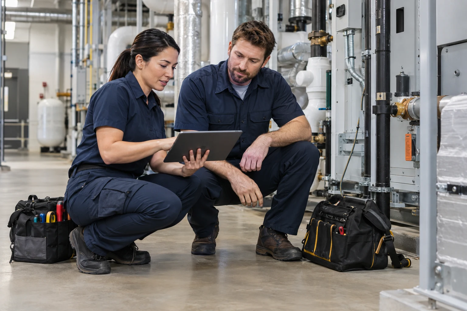 Two service technicians reviewing a job together beside building equipment