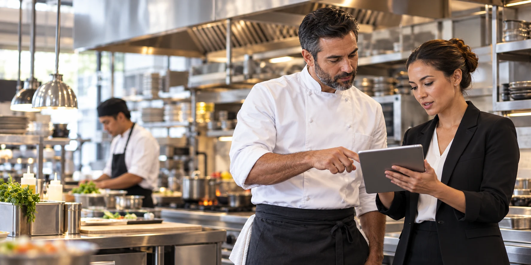 A chef and restaurant manager reviewing maintenance information together in a commercial kitchen
