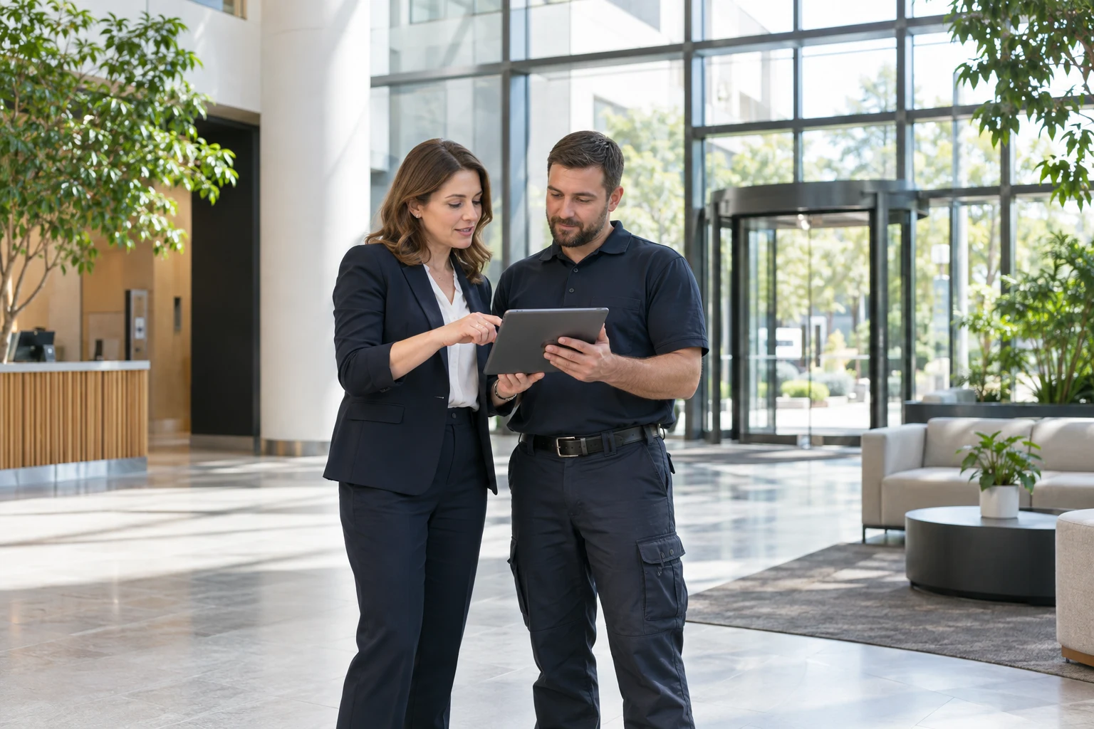 A property manager and service professional reviewing building operations in an office lobby
